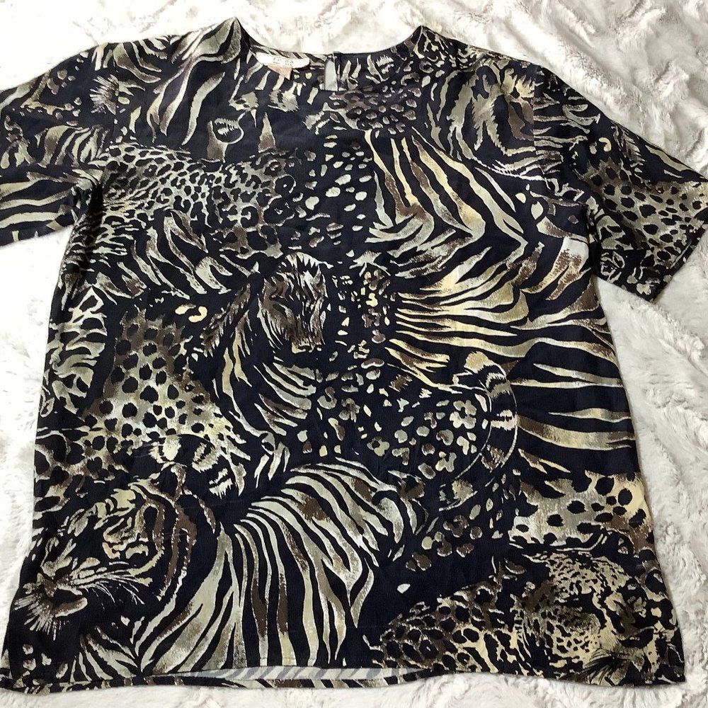 vintage fuda animal print silk blouse size medium multi color